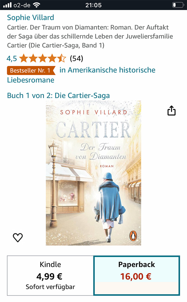 »Der Traum von Diamanten« ist Bestseller in der Kategorie »Amerikanische historische Romane« Screenshot von Amazon: »Der Traum von Diamanten« ist Bestseller in der Kategorie »Amerikanische historische Romane«
