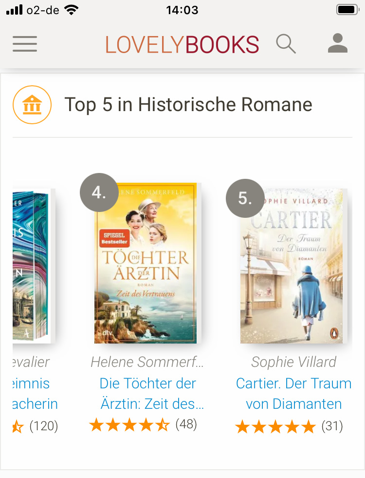 Der Traum von Diamanten« ist auf Platz 5 der historischen Romane Screenshot von Lovelybooks: »Cartier - Der Traum von Diamanten« ist auf Platz 5 der historischen Romane
