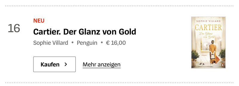 Screenshot: »Cartier – Der Glanz von Gold« auf Platz 16 der Spiegel-Bestsellerliste Paperback